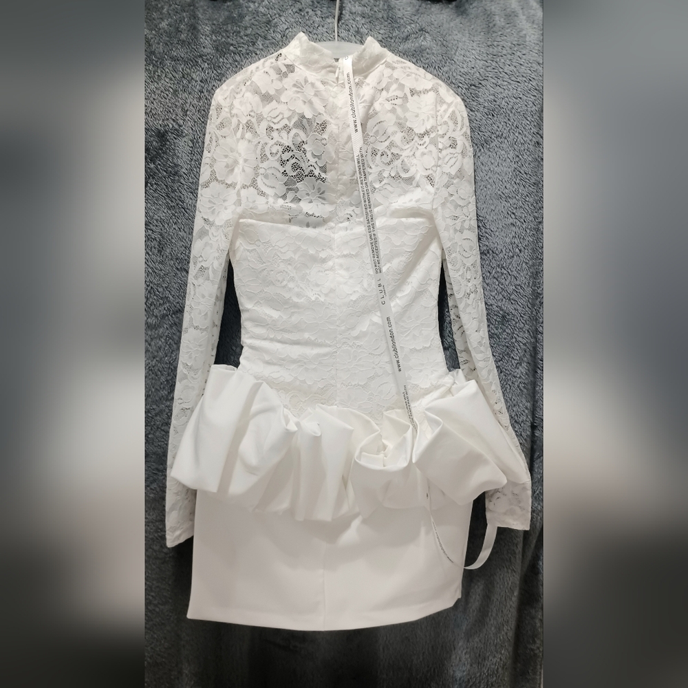 NWT Club London Antheia White Lace Long-Sleeve Peplum Mini Dress US Size 2 - Picture 6 of 11